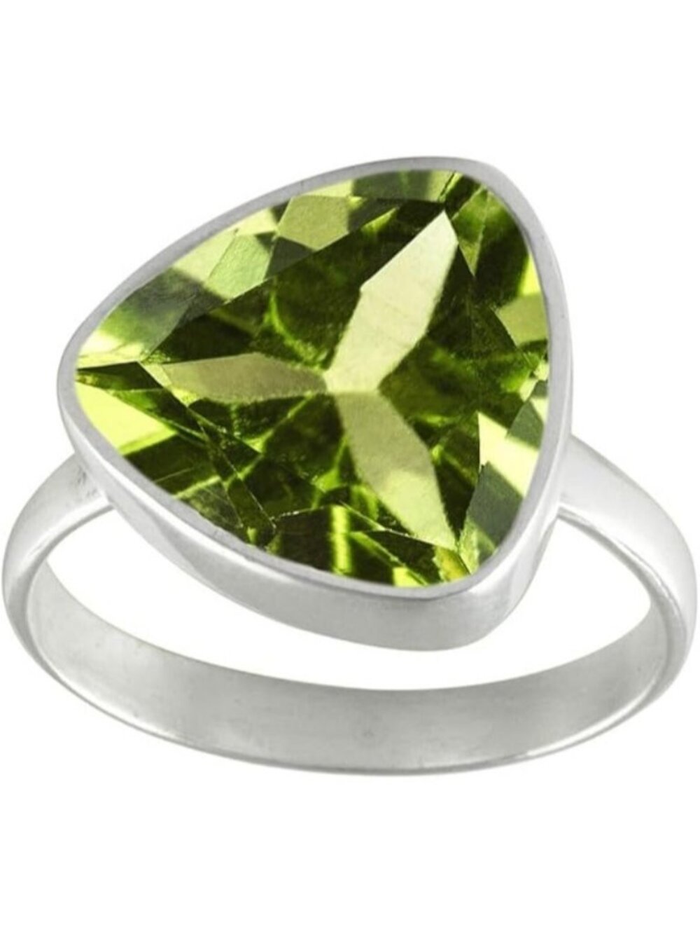 Natural-faceted Peridot Gemstone Ring Trillion Shape Silver Faceted Ring